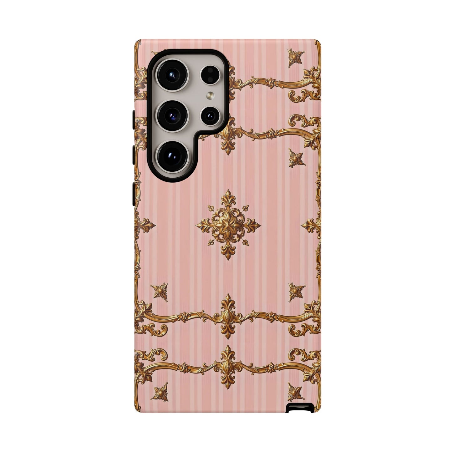 Elegant Floral Phone Case, Tough Cases for Women, Trendy Phone Cover, Chic Gift - Pink Striped Gold Baroque