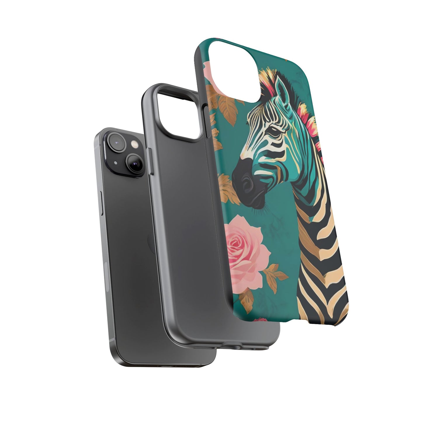 Phone Case - Elegant Teal & Gold Zebra & Roses Design