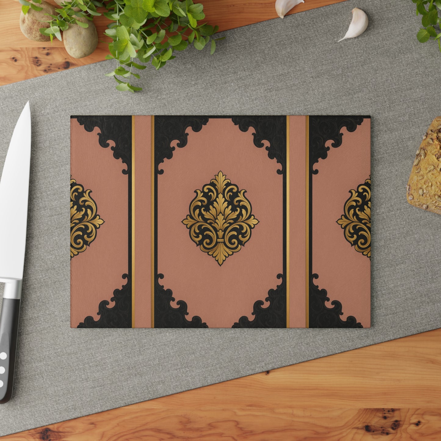 Mauve & Black-Gold Baroque Elegant Glass Cutting Board with Ornate Design, Kitchen Decor, Gift for Home Chef, Wedding Registry, Housewarming Gift