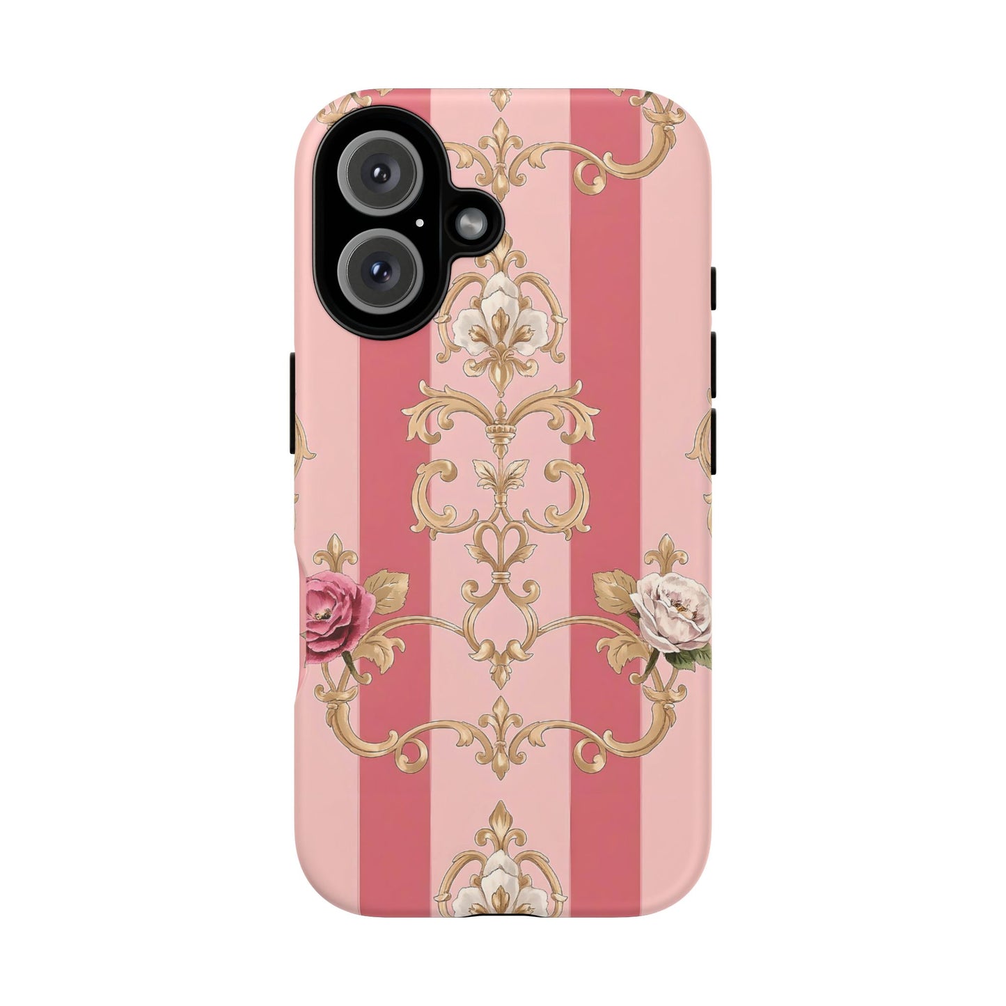 Elegant Floral Motif Phone Case - Tough Cases with Vintage Design - Pink Striped Roses & Damask