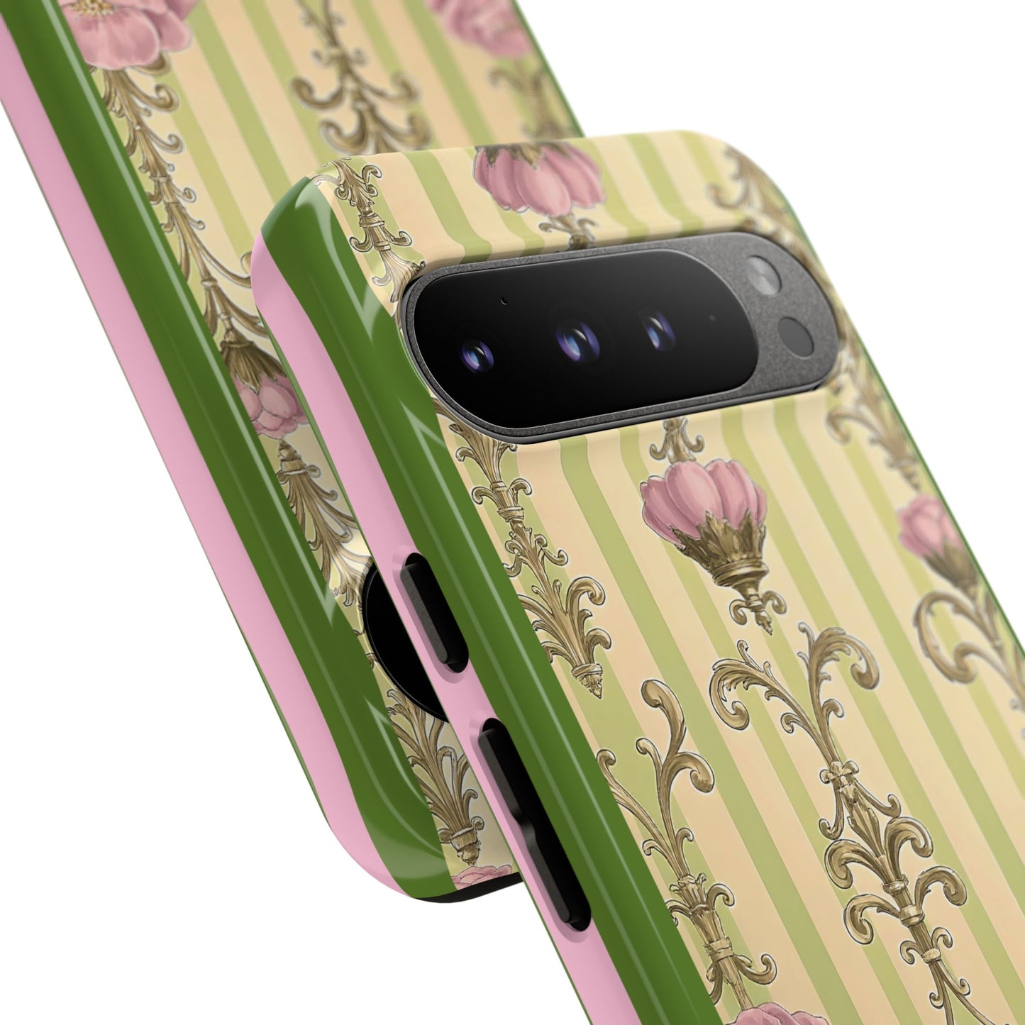 Elegant Floral Motif Phone Case - Tough Cases with Vintage Design - Lime Green & Pink Striped Damask
