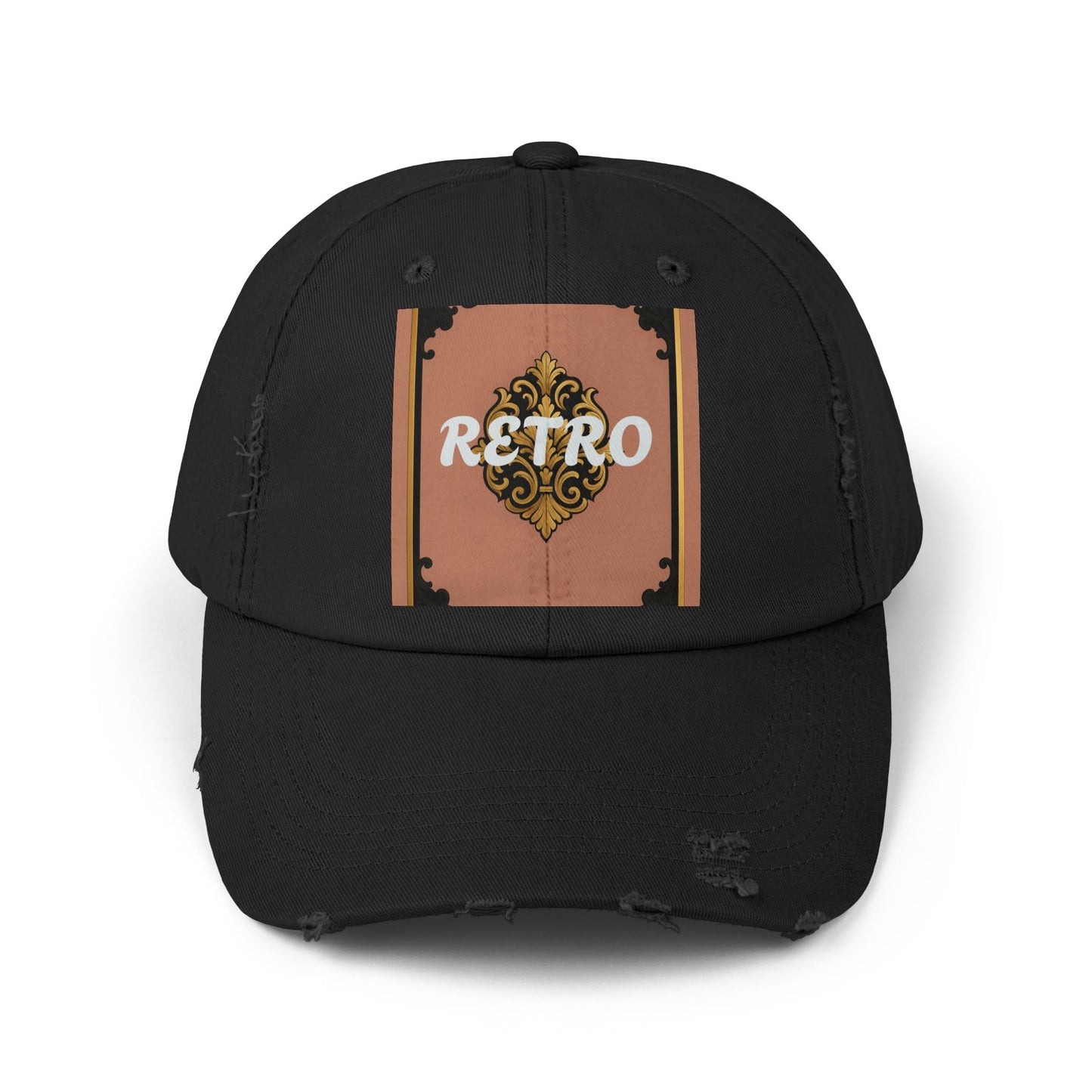 Retro Mauve & Black-Gold Baroque Distressed Cap — Vintage Ornamental Logo Dad Hat