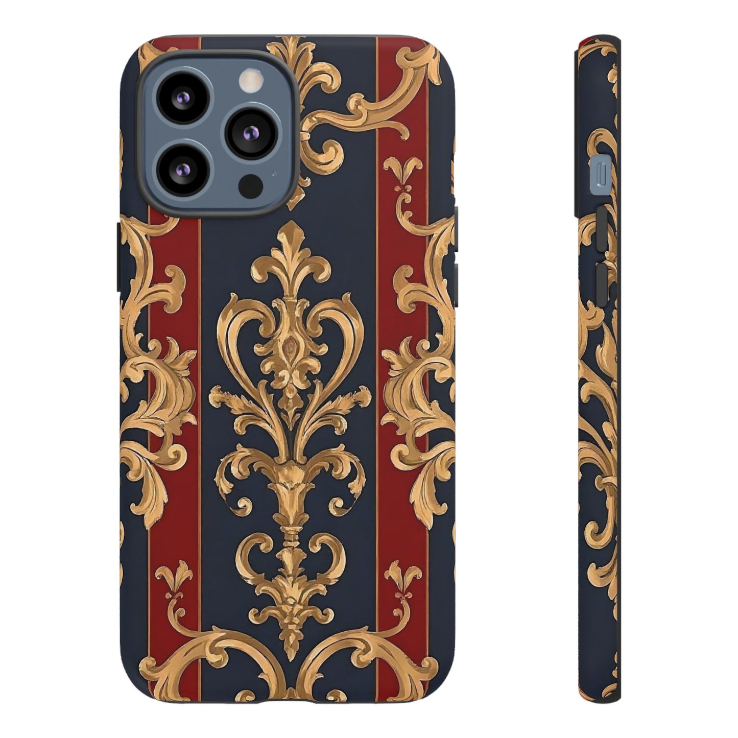 Elegant Floral Motif Phone Case - Tough Cases with Vintage Design - Midnight Blue & Dusk Red Striped Gold Damask
