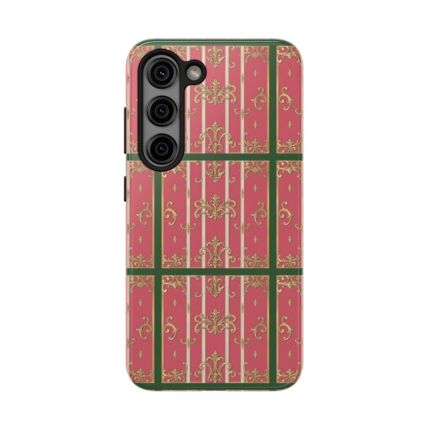 Elegant Green Border Pink Striped Baroque Phone Cases, Tough Phone Cases for Protection, Stylish Mobile Accessories, Gift for Her, Holiday Tech Gifts