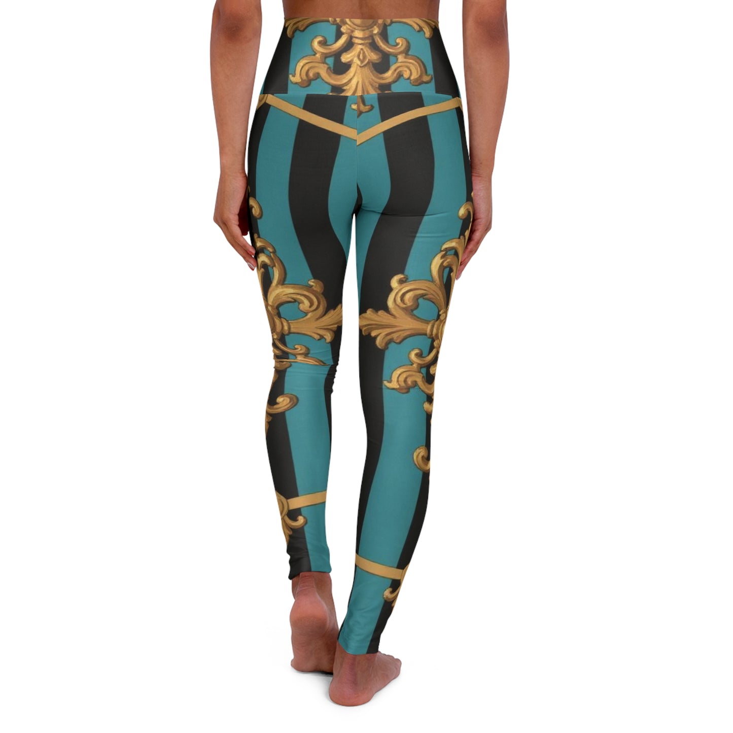 Luxurious Turquoise & Black Striped Gold Baroque High Waisted Yoga Leggings, Fashion Activewear, Workout Leggings, Gym Clothes