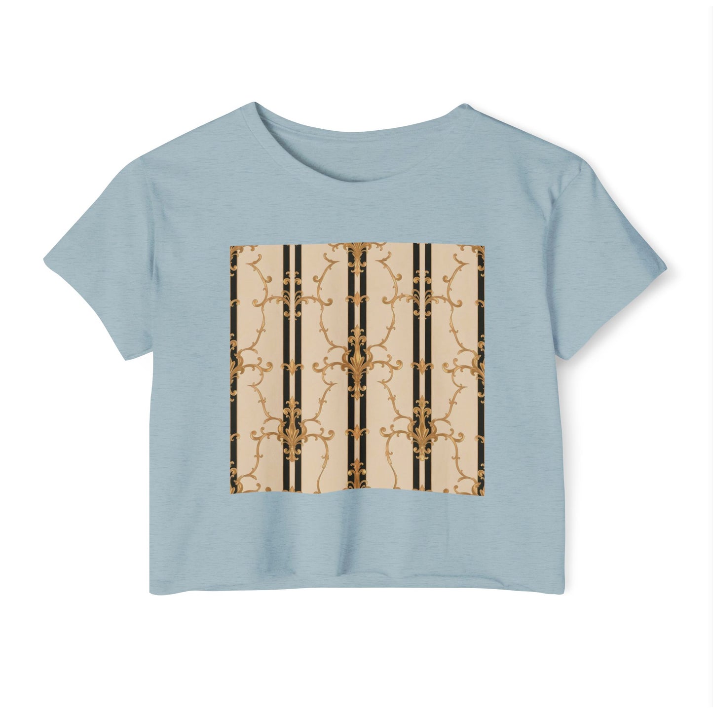 Festival Crop Top, Stylish Summer Tee, Trendy Women's Shirt, Festival Wear, Perfect for Music Events - Black & Beige Striped Damask