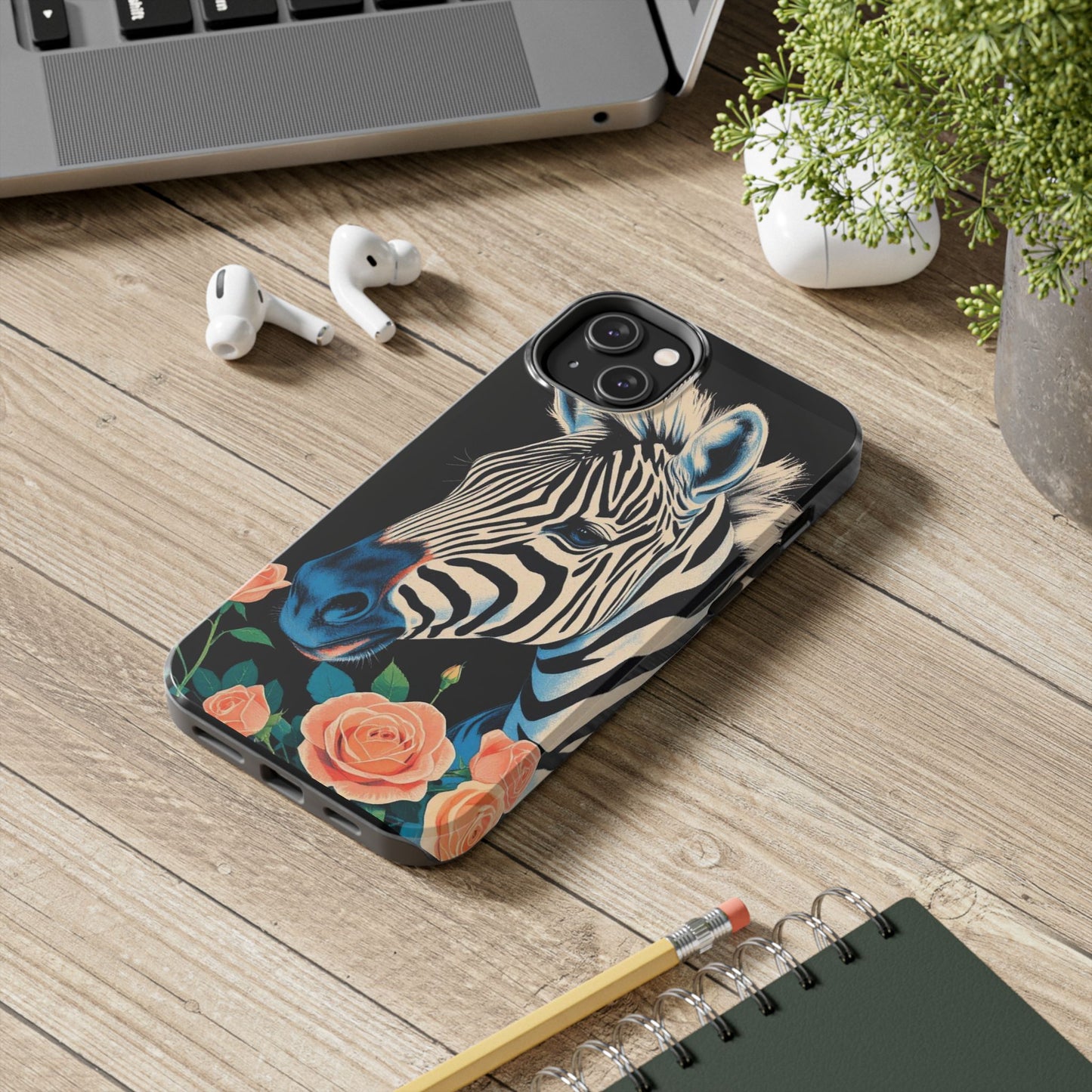 Zebra Tough Phone Case - Trendy Floral Design for Animal Lovers - Blue Zebra & Roses