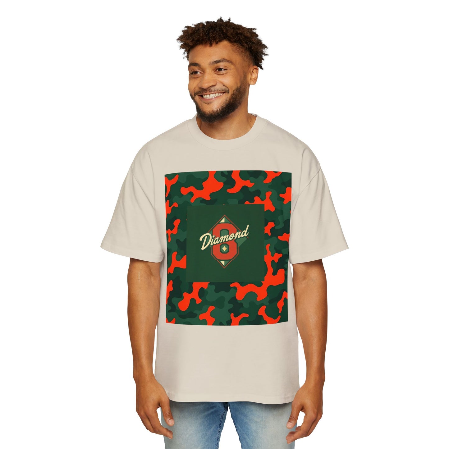 Men's Heavy Oversized Camouflage Tee, Casual Streetwear Shirt, Graphic T-Shirt, Comfortable Everyday Wear, Gift for Him - Green & Orange Camo Diamond 8