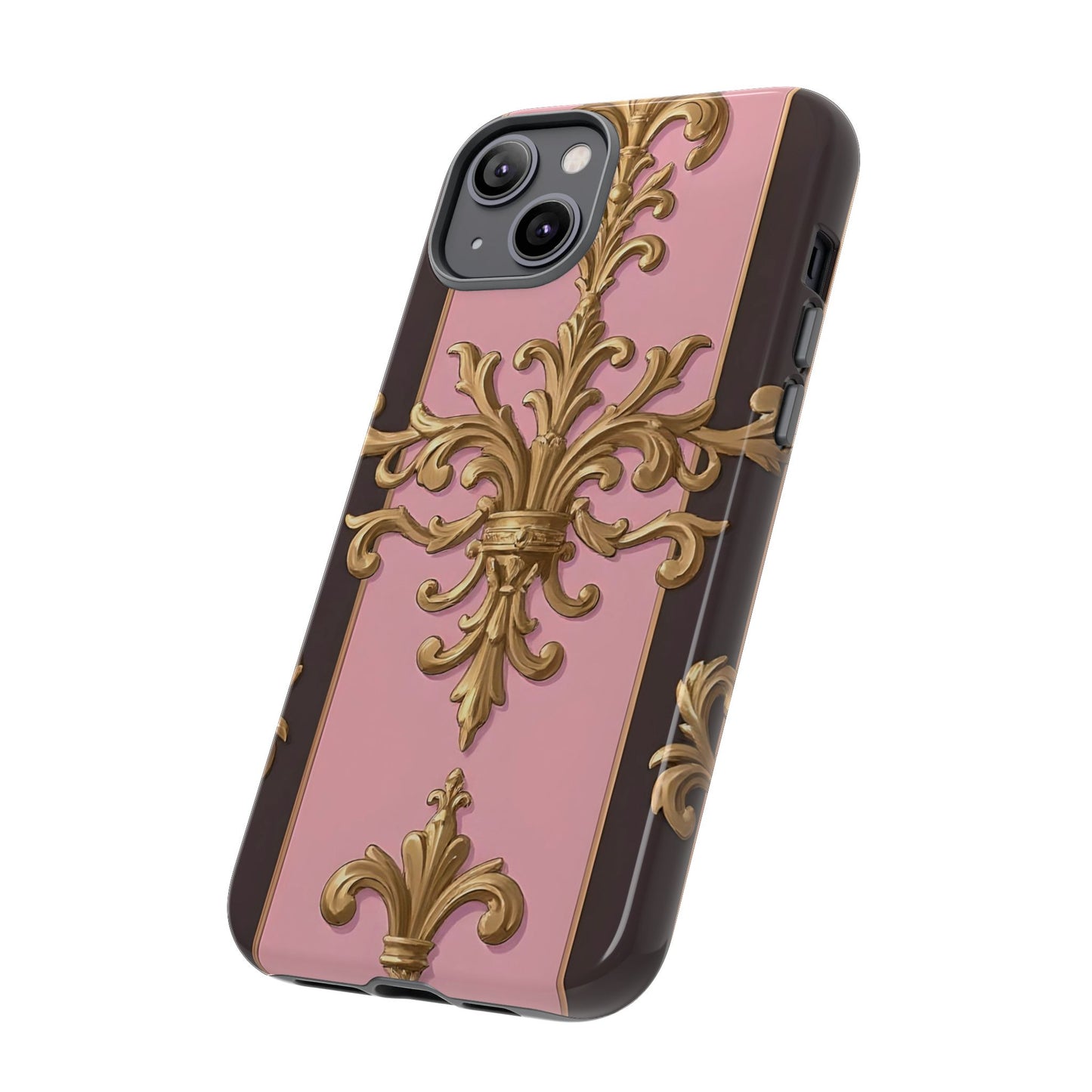 Elegant Floral Motif Phone Case - Tough Cases with Vintage Design - Pink & Brown Striped Gold Damask