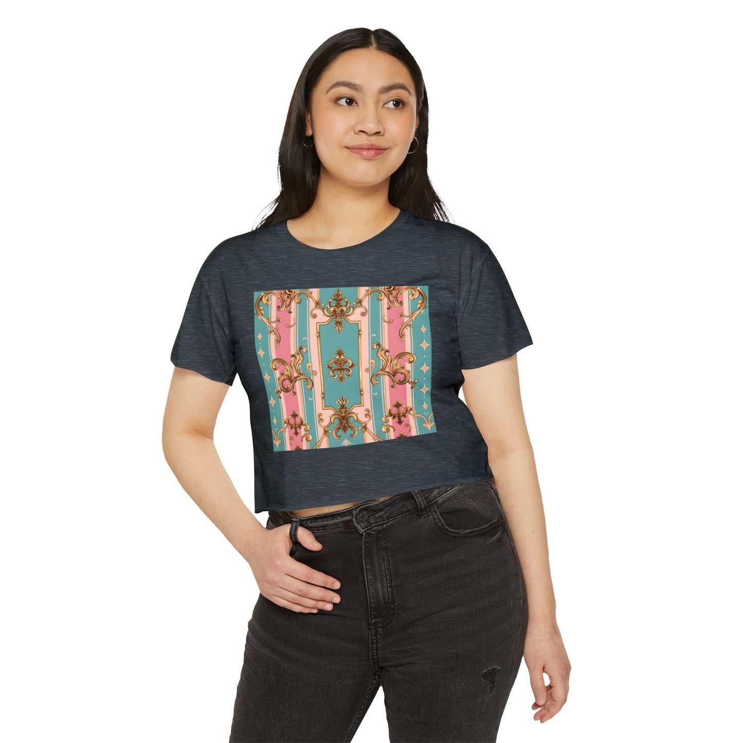 Rococo Festival Crop Top, Summer Crop Tee, Music Festival Clothing, Trendy Women's Fashion - Pink & Matte Turquoise Striped Rococo