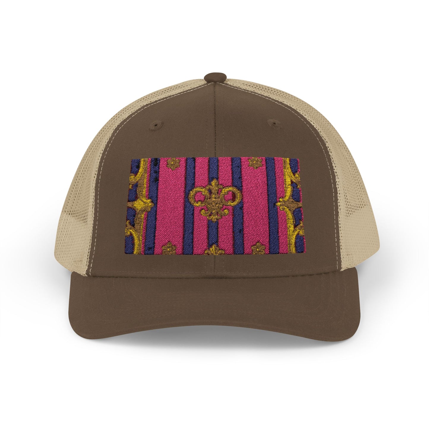 Vibrant Snapback Trucker Cap, Stylish Outdoor Hat, Trendy Fashion Accessory, Gift for Him or Her - Pink Striped Gold Baroque