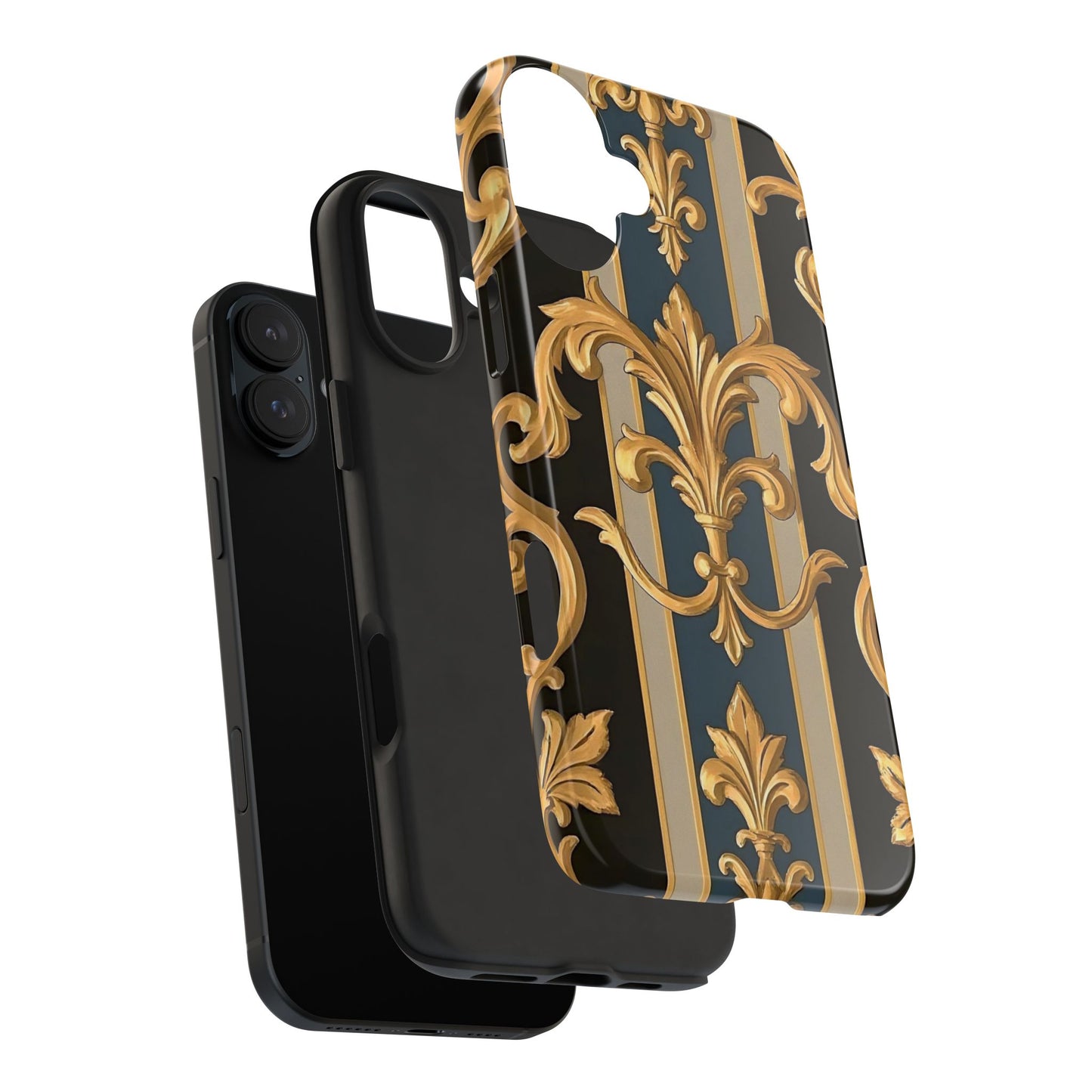Elegant Rococo Phone Cases, Tough iPhone Case, Floral Design Case, Luxury Phone Cover - Blue & Black Striped Rococo