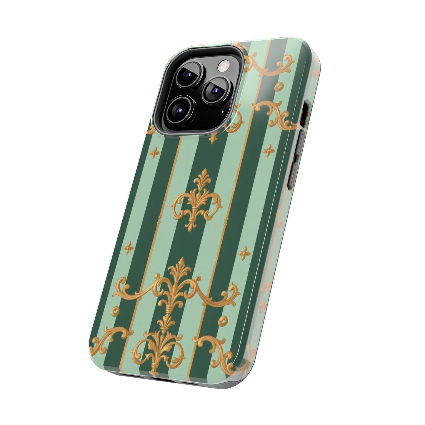 Elegant Floral Tough Phone Cases | Stylish Phone Protection, Gift for Her, Trendy Accessory, Unique Decor - Mint Green & Teal Striped Gold Baroque