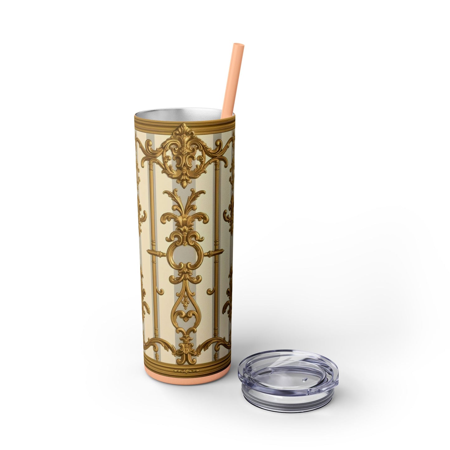 Elegant Vintage Skinny Tumbler with Straw, 20oz - Golden Baroque Design for Weddings, Parties - Matte Gray & Cream Striped Gold Baroque