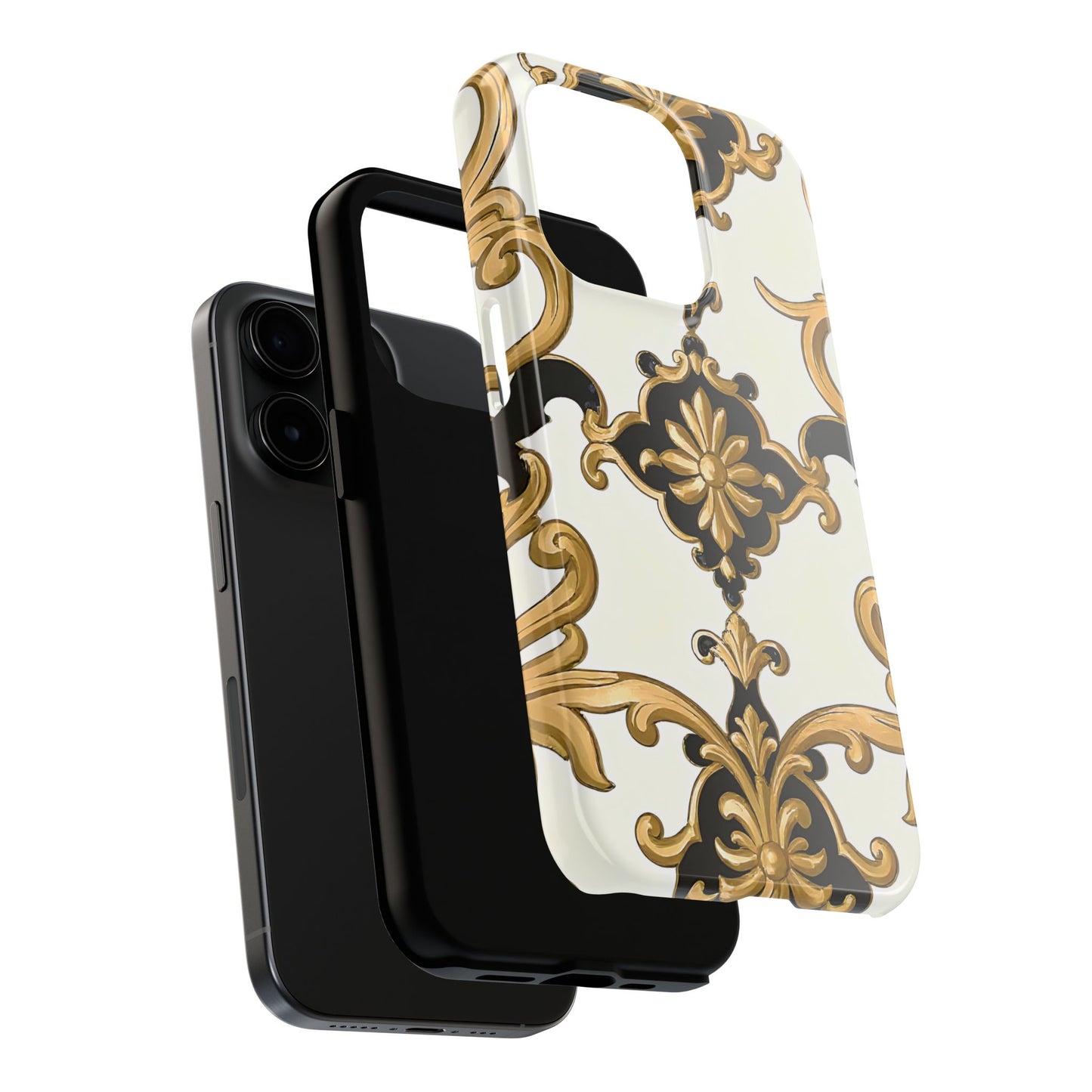 Elegant Floral Tough Phone Cases, Durable Phone Cover, Stylish Phone Accessories, Gift for Her, Chic Phone Cases - Black & Gold Rococo