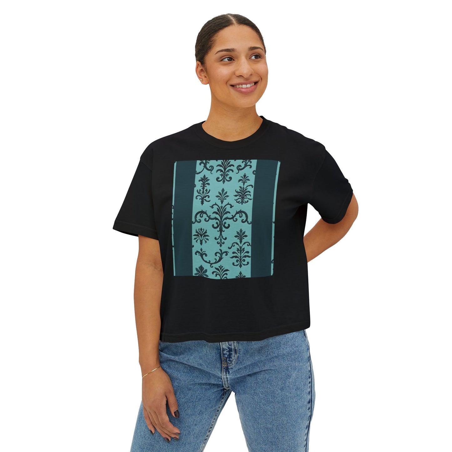 Women's Boxy Tee with Vintage Floral Design, Casual Top, Everyday Wear, Gifts for Her, Summer Fashion, Vintage Style T-Shirt - Teal Striped Rococo