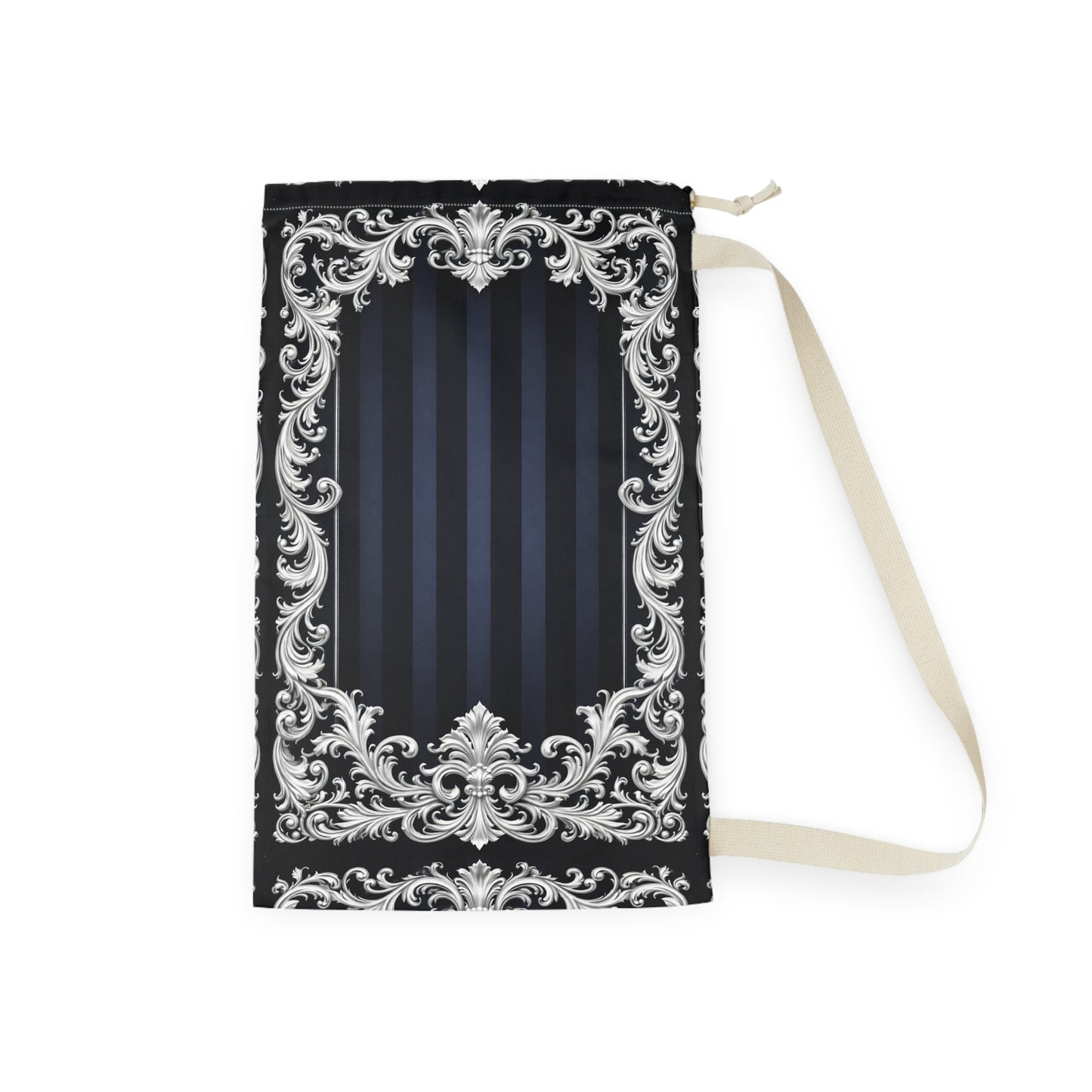 Navy Stripes & Baroque Laundry Bag — Elegant Navy Drawstring Hampers for Travel and Dorm