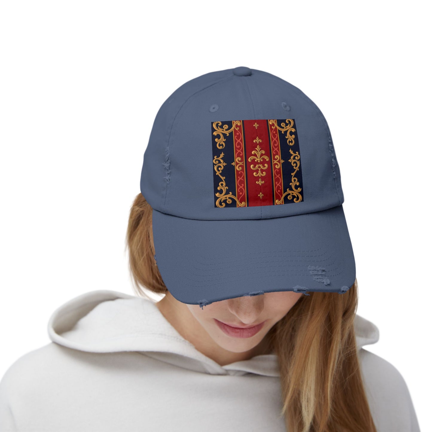 Vintage-Inspired Distressed Cap, Stylish Hat, Perfect Gift for Friends, Fashion Accessory, Unisex Headwear - Midnight Blue & Dusk Red Gold Baroque