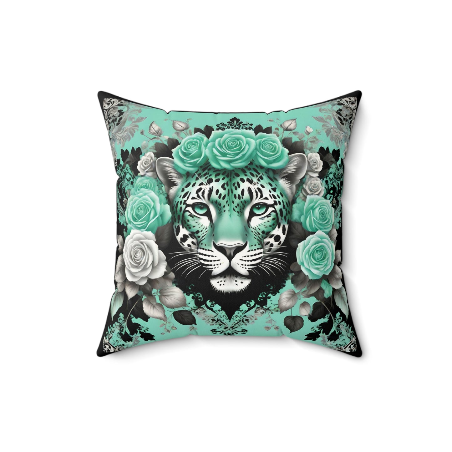 Floral Leopard Faux Suede Pillow - Artistic Home Decor - Mint Green Leopard