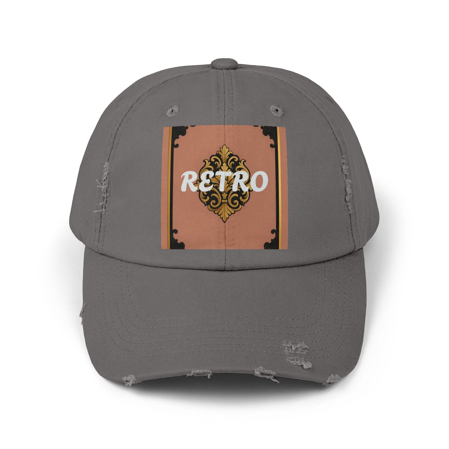 Retro Mauve & Black-Gold Baroque Distressed Cap — Vintage Ornamental Logo Dad Hat