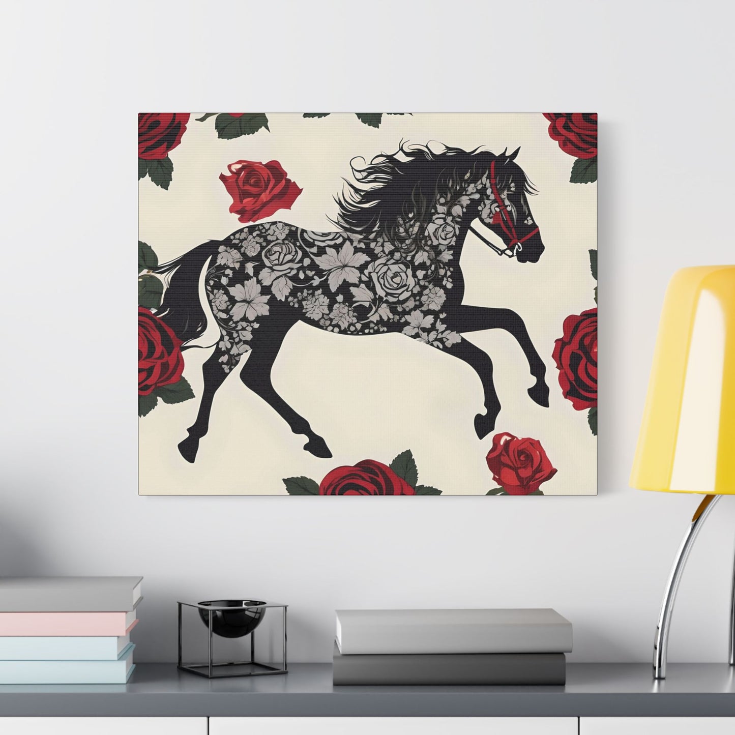 Art Print Canvas, Wall Decor, Satin Stretched Canvas, Equestrian Art, Office Decor, Home Decor - Horse & Roses