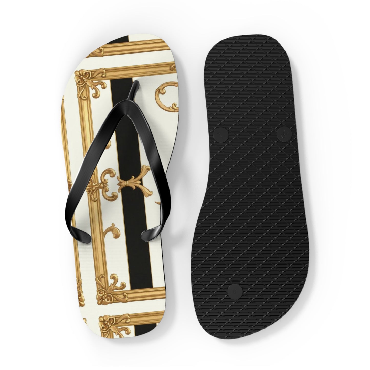 Chic Flip Flops with Elegant Design, Summer Sandals, Perfect Beach Footwear, Vacation Footwear - Black & White Striped Gold Baroque