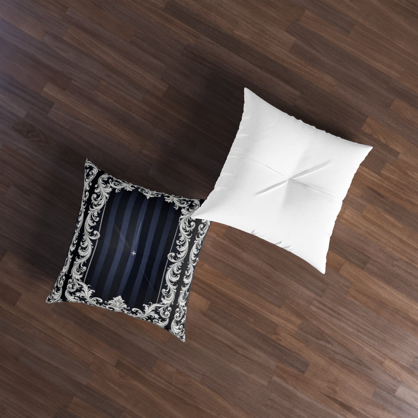 Navy Stripes & Baroque Tufted Floor Pillow — Luxurious Navy & Silver Decorative Cushion