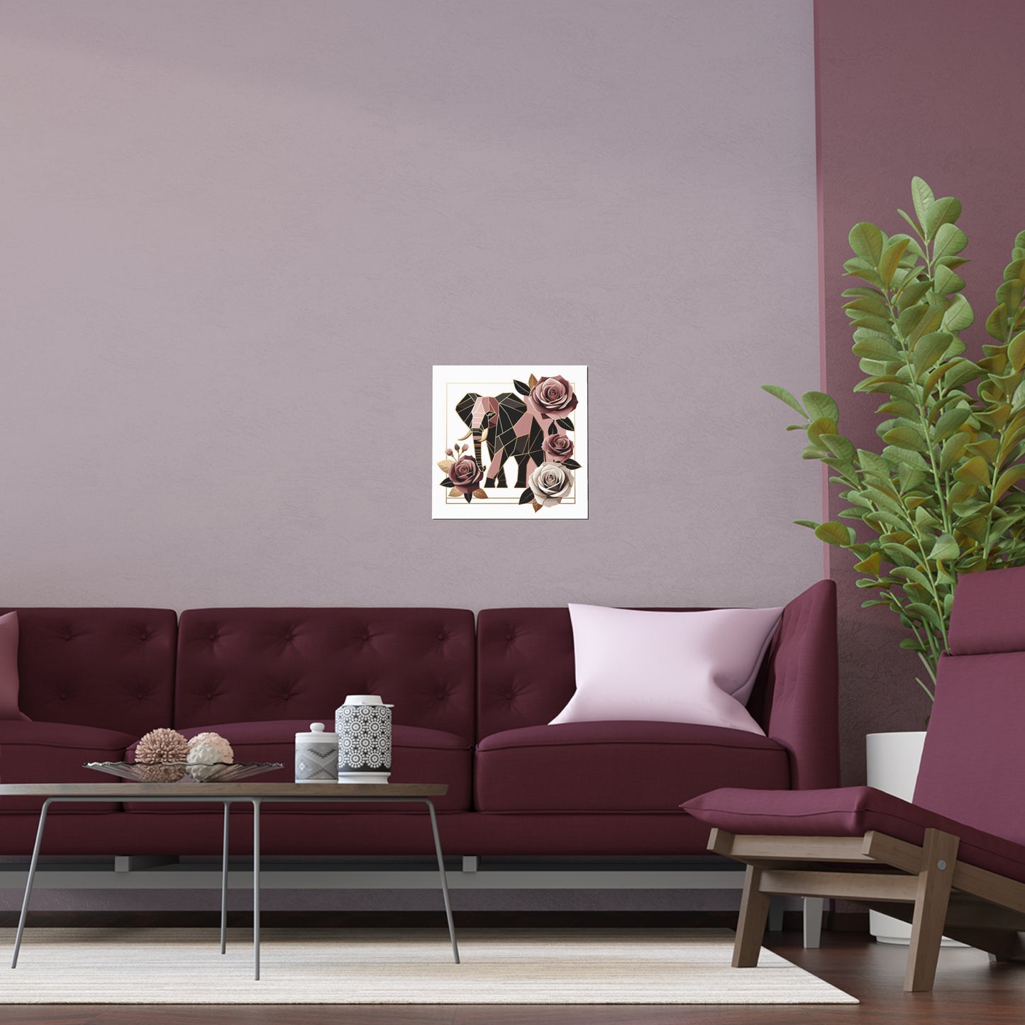 Elegant Floral Silk Poster - Indoor/Outdoor Wall Art for Home Decor - Brown & Mauve Elephant & Roses