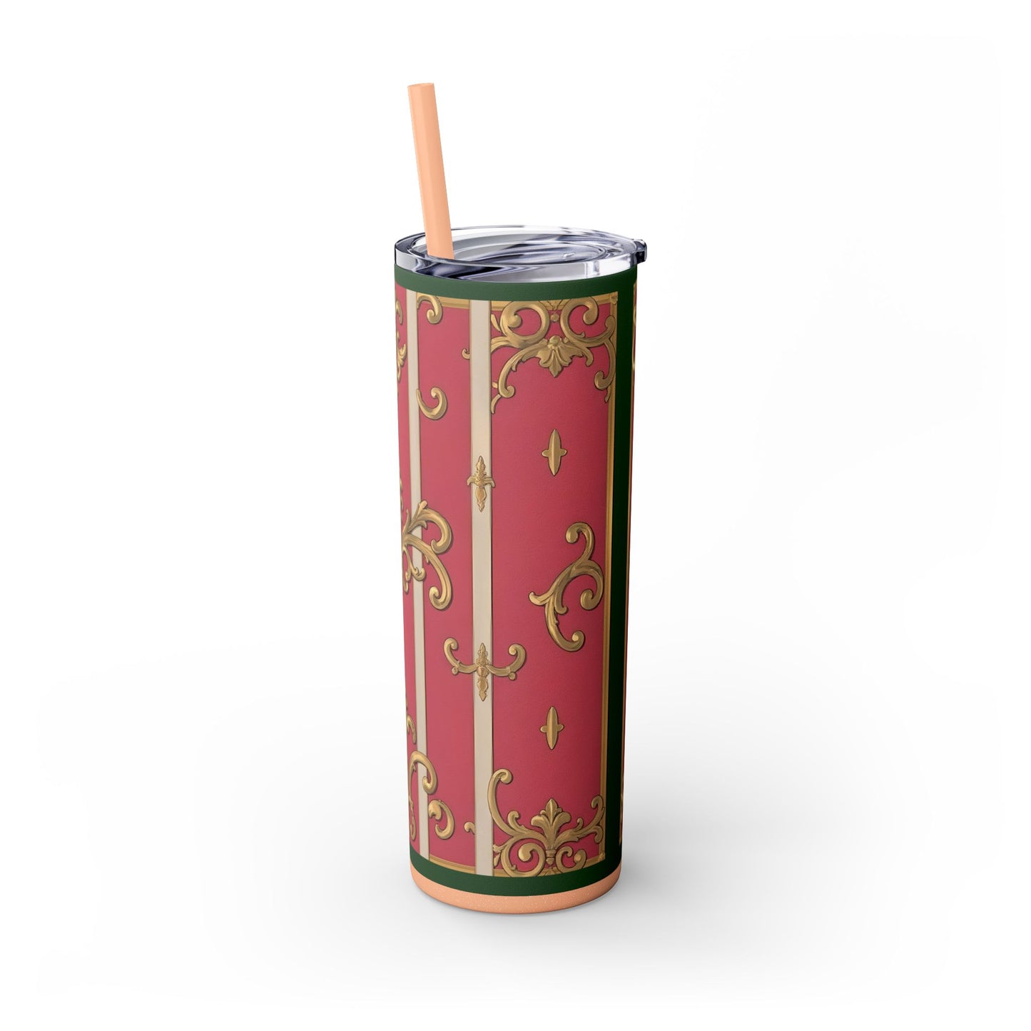Elegant Green Border Pink Striped Baroque Skinny Tumbler with Straw, Reusable Travel Mug, Gift for Her, Fashionable Drinkware