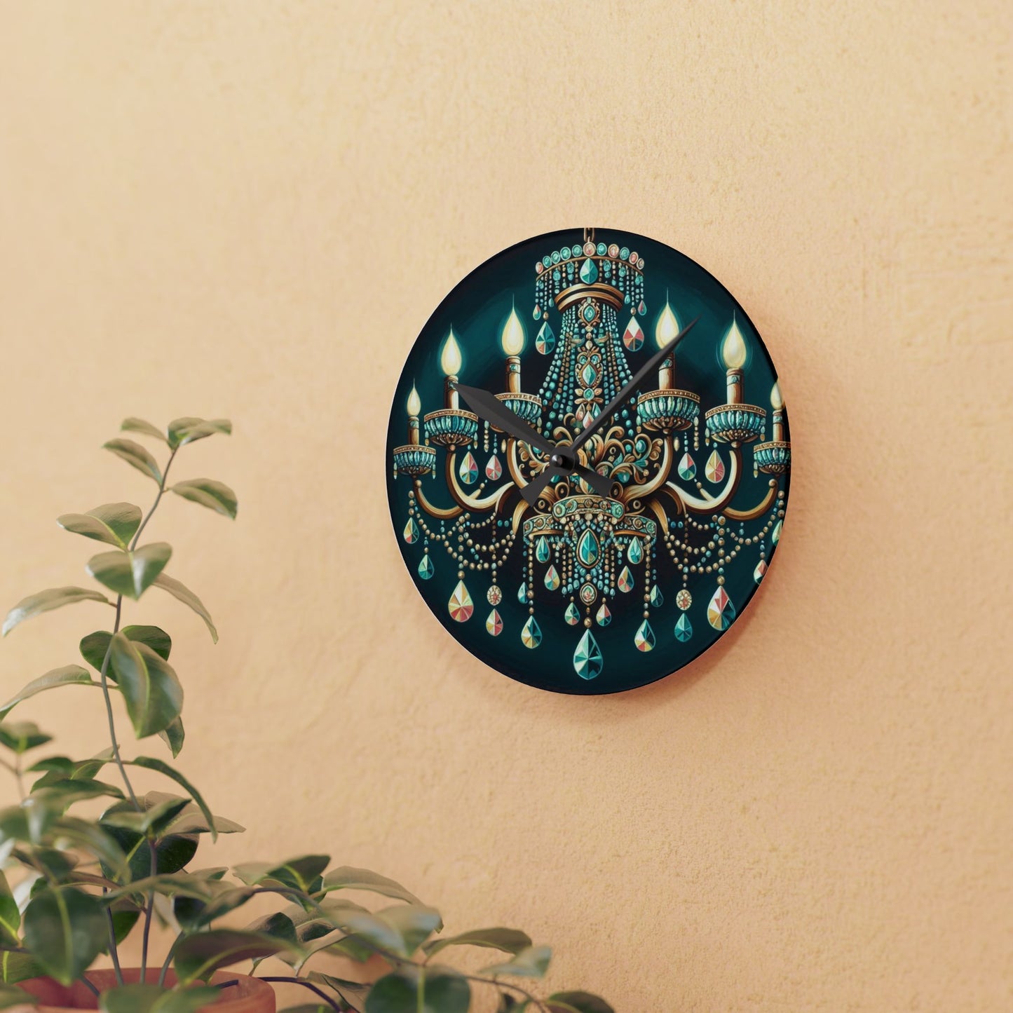 Acrylic Wall Clock - Teal Jeweled Chandelier
