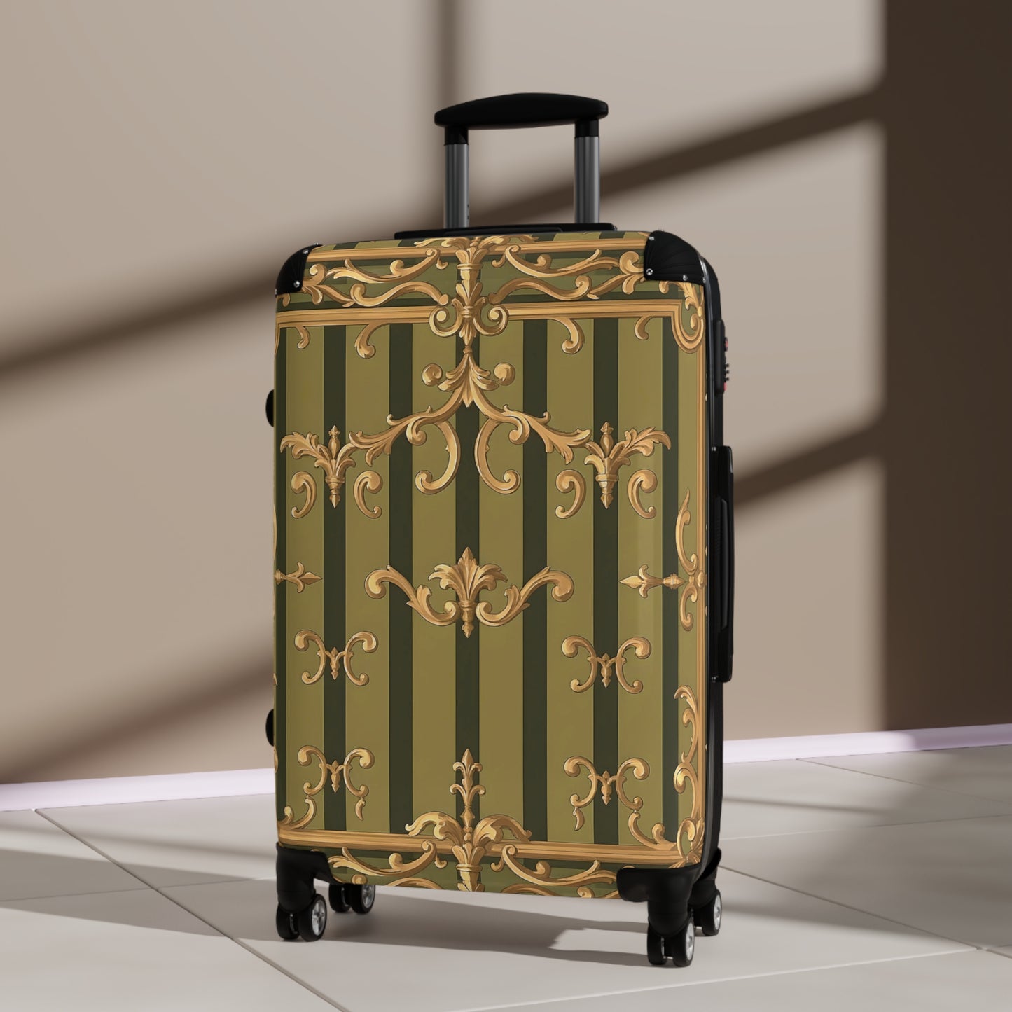 Ornate Travel Suitcase, Stylish Luggage for Adventurers, Vintage-Inspired Carry-On - Olive Green Striped Rococo