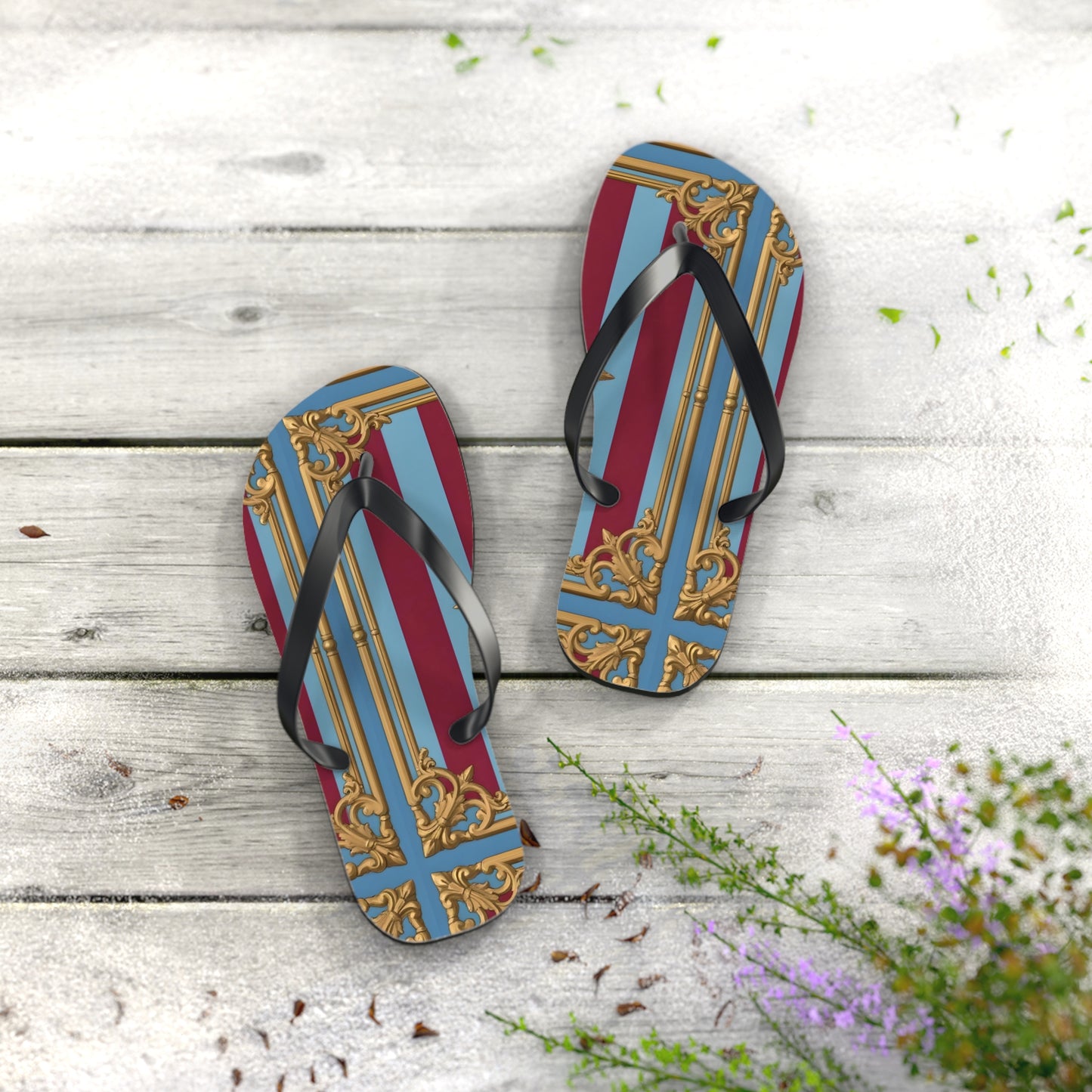 Ornate Design Flip Flops, Elegant Summer Sandals, Beach Vacation Footwear, Perfect for Weddings - Sky Blue & Maroon Striped Baroque
