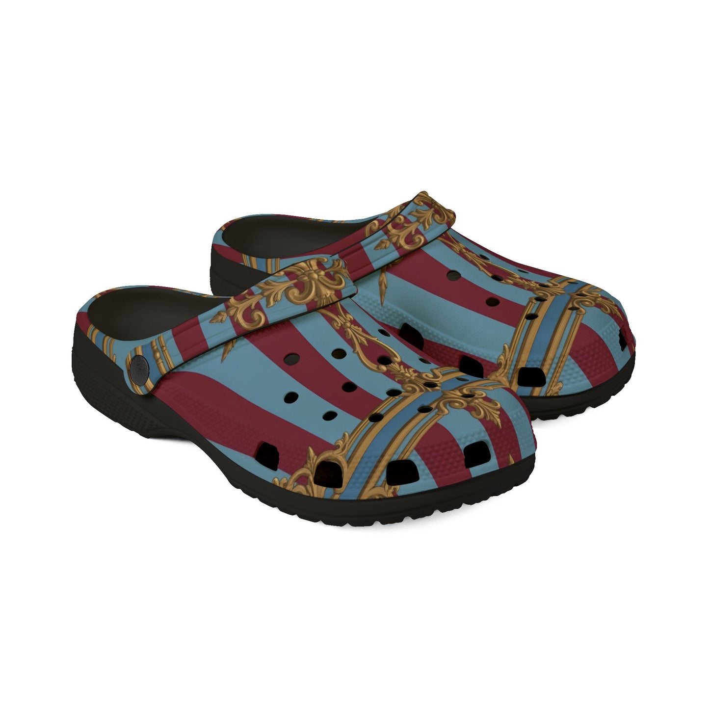 Chic Unisex EVA Foam Rubber Clogs – Stylish Comfort Footwear, Trendy Slip-Ons for Home, Casual Outings - Sky Blue & Maroon Striped Baroque