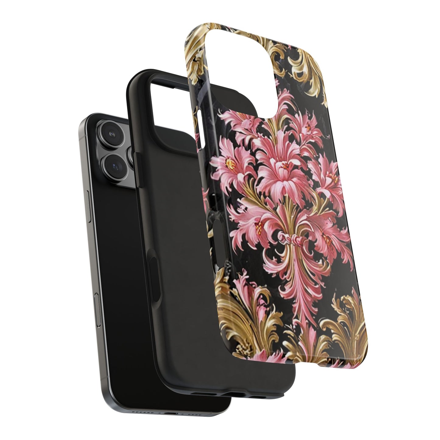 Elegant Floral Tough Phone Cases | Stylish Protection for Her | Gift for Birthdays - Black & Pink Oil Painting Style Rococo