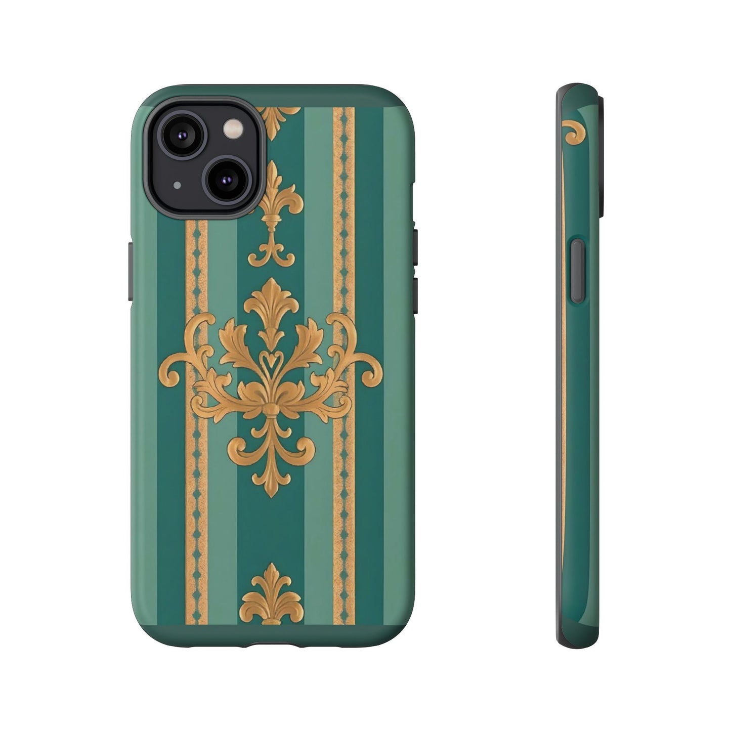 Elegant Floral Motif Phone Case - Tough Cases with Vintage Design - Teal Striped Gold Damask