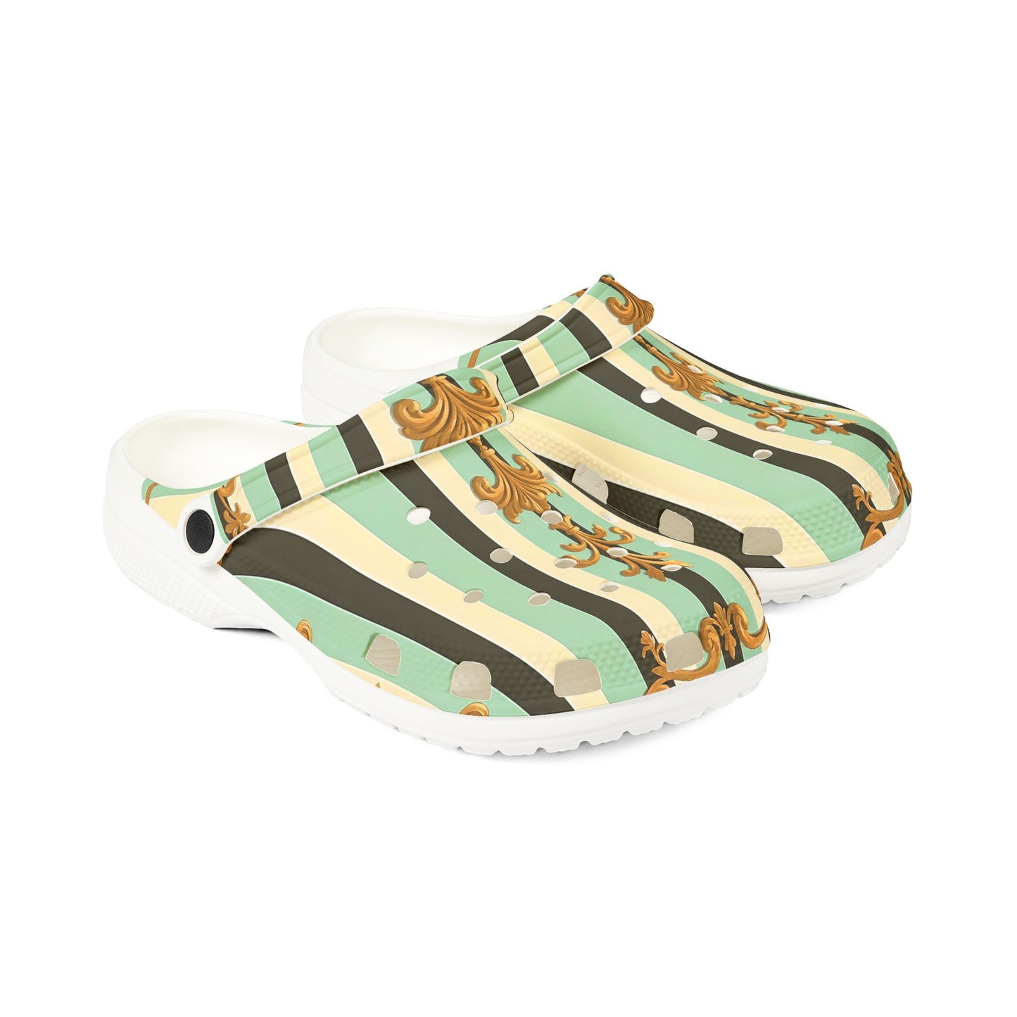 Stylish EVA Foam Rubber Shoes - Unique Printed Clogs for Comfort, Summer Footwear, Garden Use - Black & Matte Mint Striped Rococo