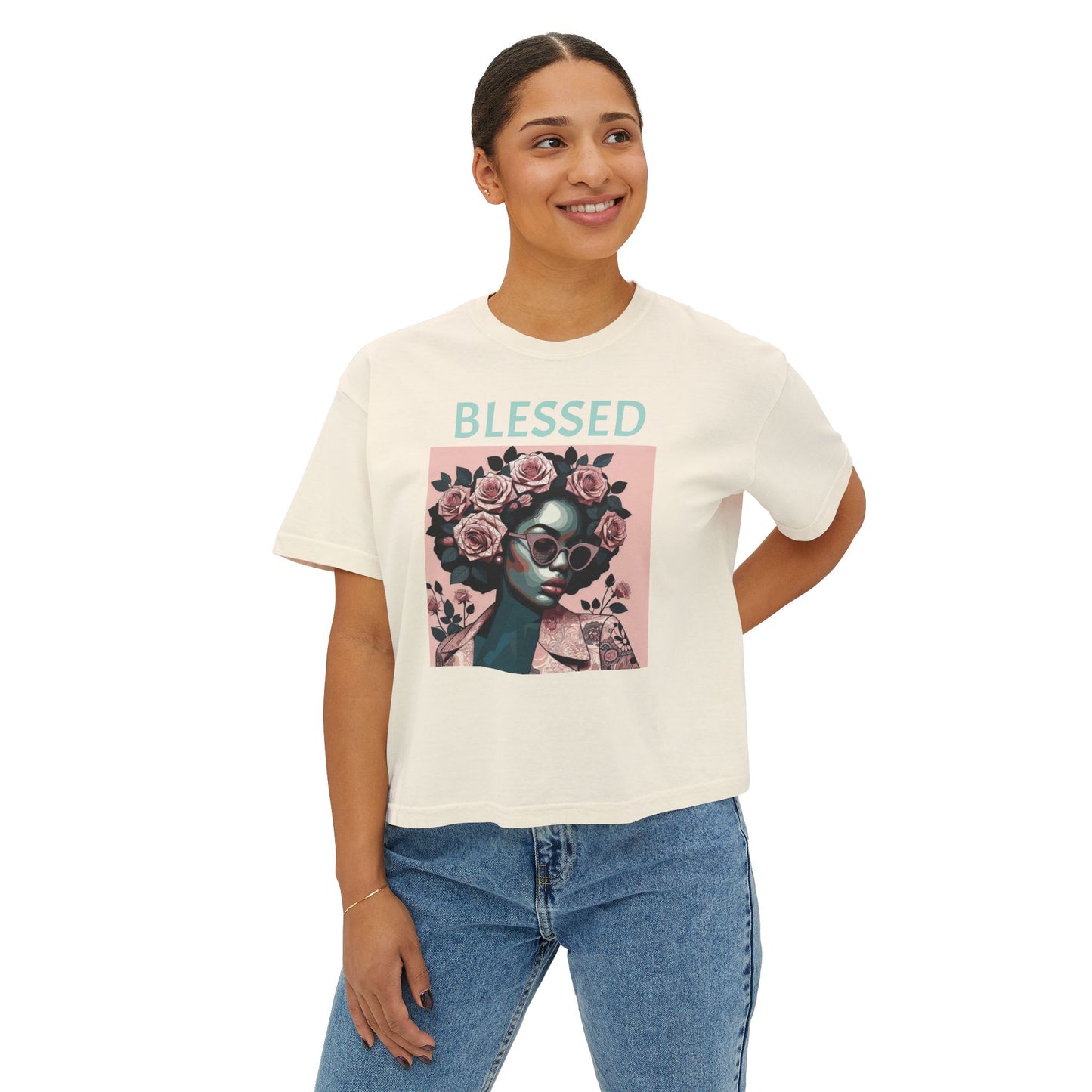 Blessed Women's Boxy Tee - Floral Graphic Shirt, Trendy Casual Top, Perfect Gift for Her, Boho Fashion, Self-Care Reminder - Mint Lettering