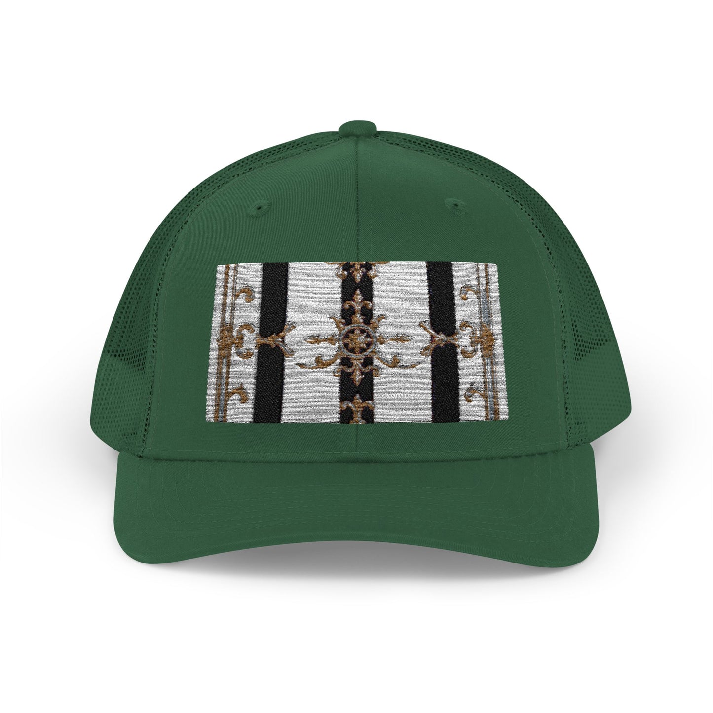 Trendy Snapback Trucker Cap, Casual Fashion Hat, Summer Accessory, Gift Idea for Cool Teens, Outdoor Activities - Black & White Striped Gold Baroque