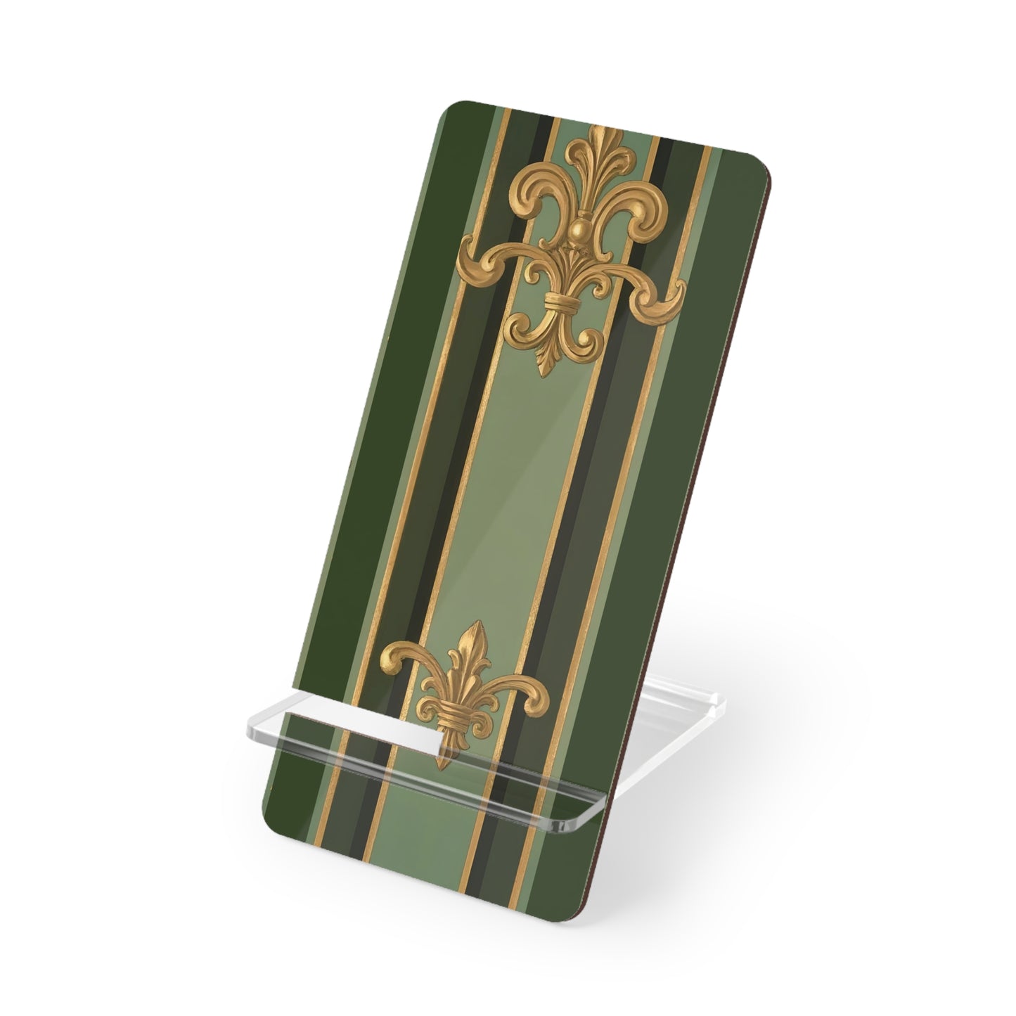 Elegant Smartphone Display Stand, Decorative Phone Holder, Desk Organizer, Gift for Home Office - Green Striped Gold Baroque