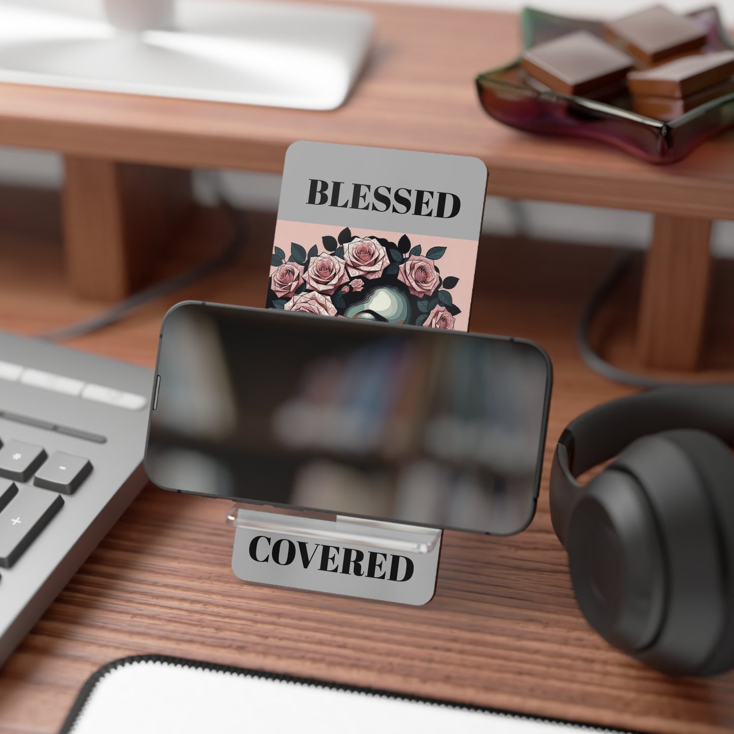 Stylish Smartphone Stand, Decor for Home Office, Gift for Tech Lovers, Blessing Inspired Mobile Display, Unique Phone Holder