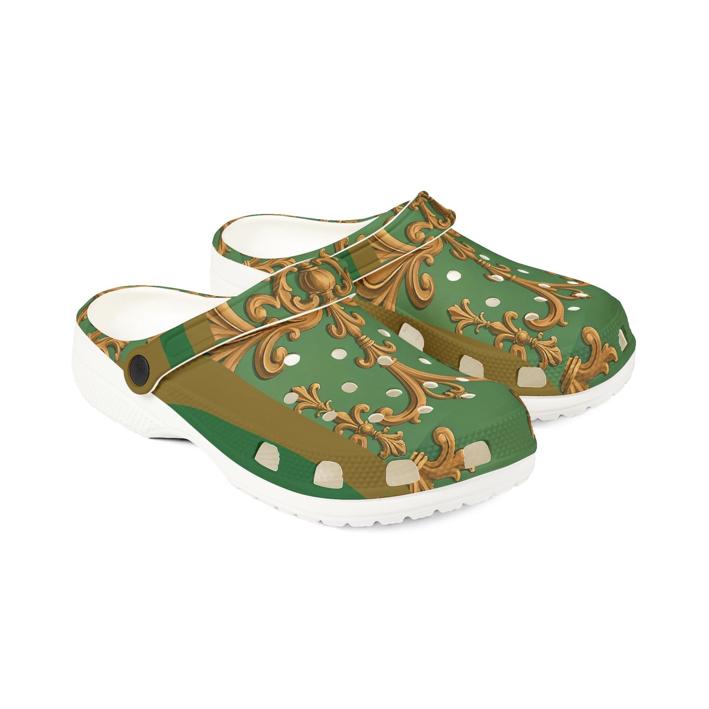 Elegant Green Patterned EVA Foam Clogs, Stylish Footwear, Comfortable House Shoes, Garden Mules - Olive Green Striped Rococo