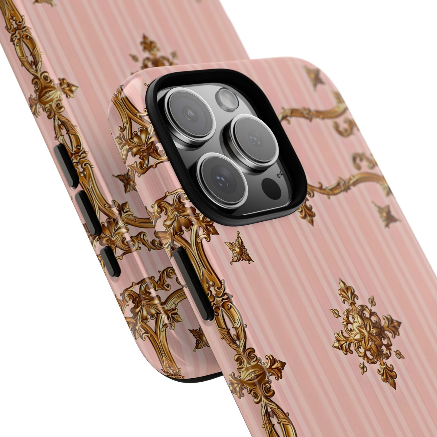 Elegant Floral Phone Case, Tough Cases for Women, Trendy Phone Cover, Chic Gift - Pink Striped Gold Baroque