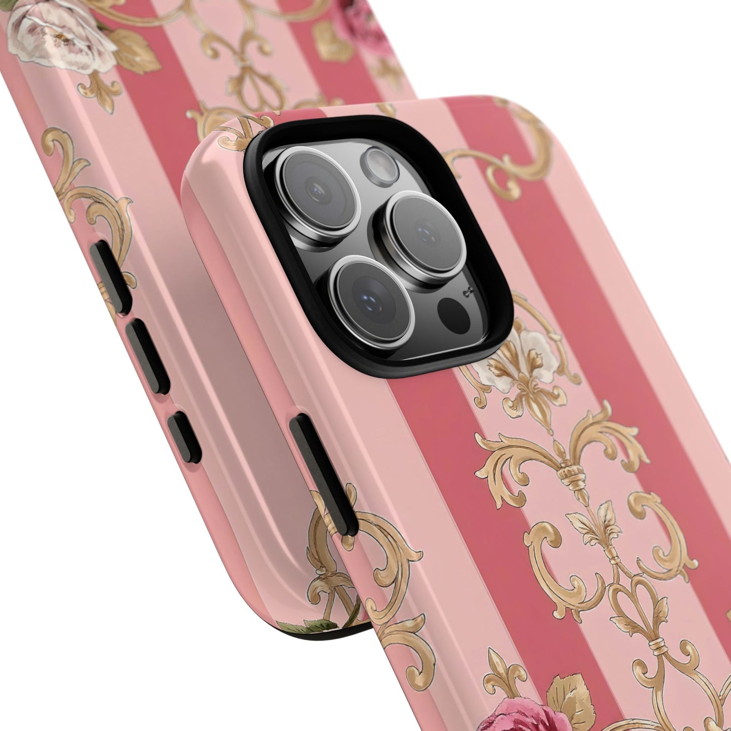 Elegant Floral Motif Phone Case - Tough Cases with Vintage Design - Pink Striped Roses & Damask