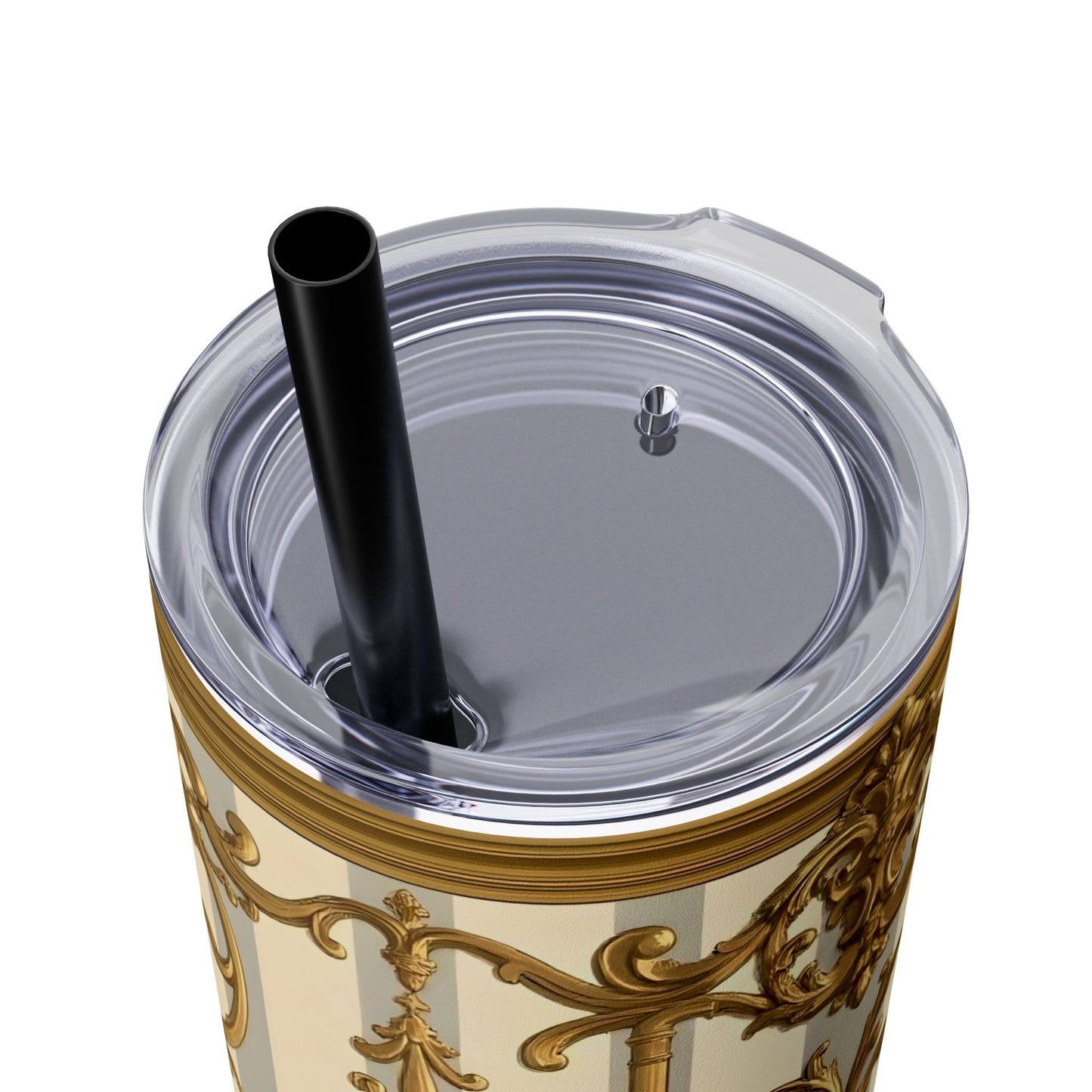 Elegant Vintage Skinny Tumbler with Straw, 20oz - Golden Baroque Design for Weddings, Parties - Matte Gray & Cream Striped Gold Baroque