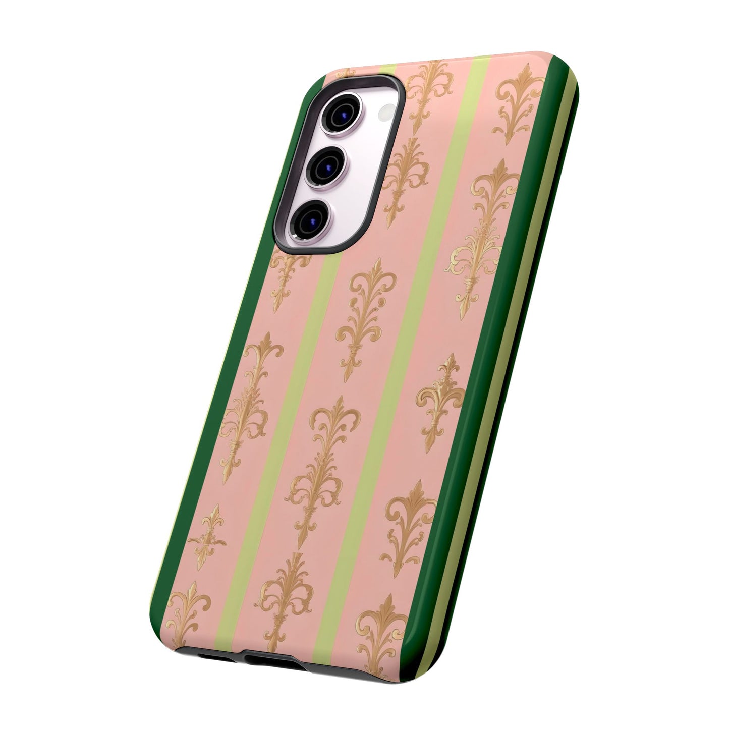 Elegant Floral Motif Phone Case - Tough Cases with Vintage Design - Lime Green & Pink Striped Damask
