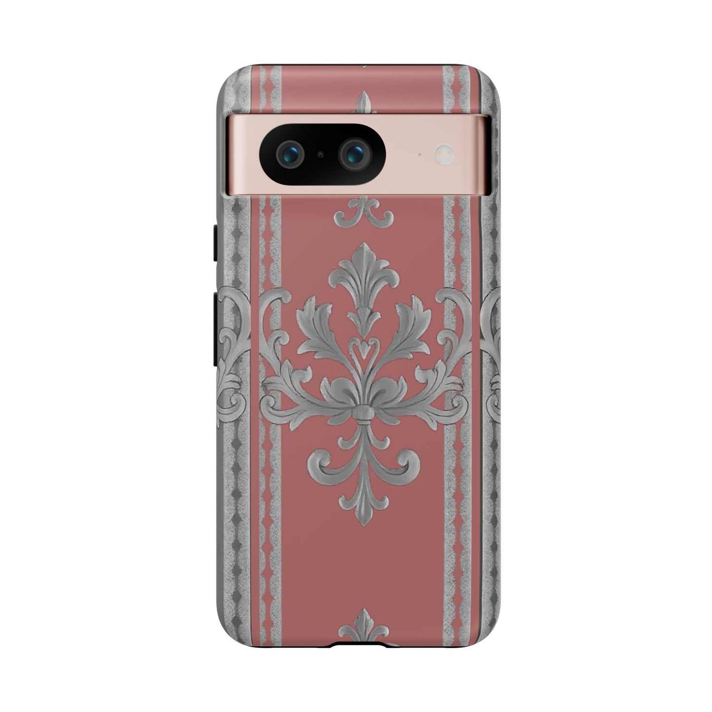 Elegant Floral Phone Case - Tough Cases for Stylish Protection - Gray & Mauve Striped Baroque