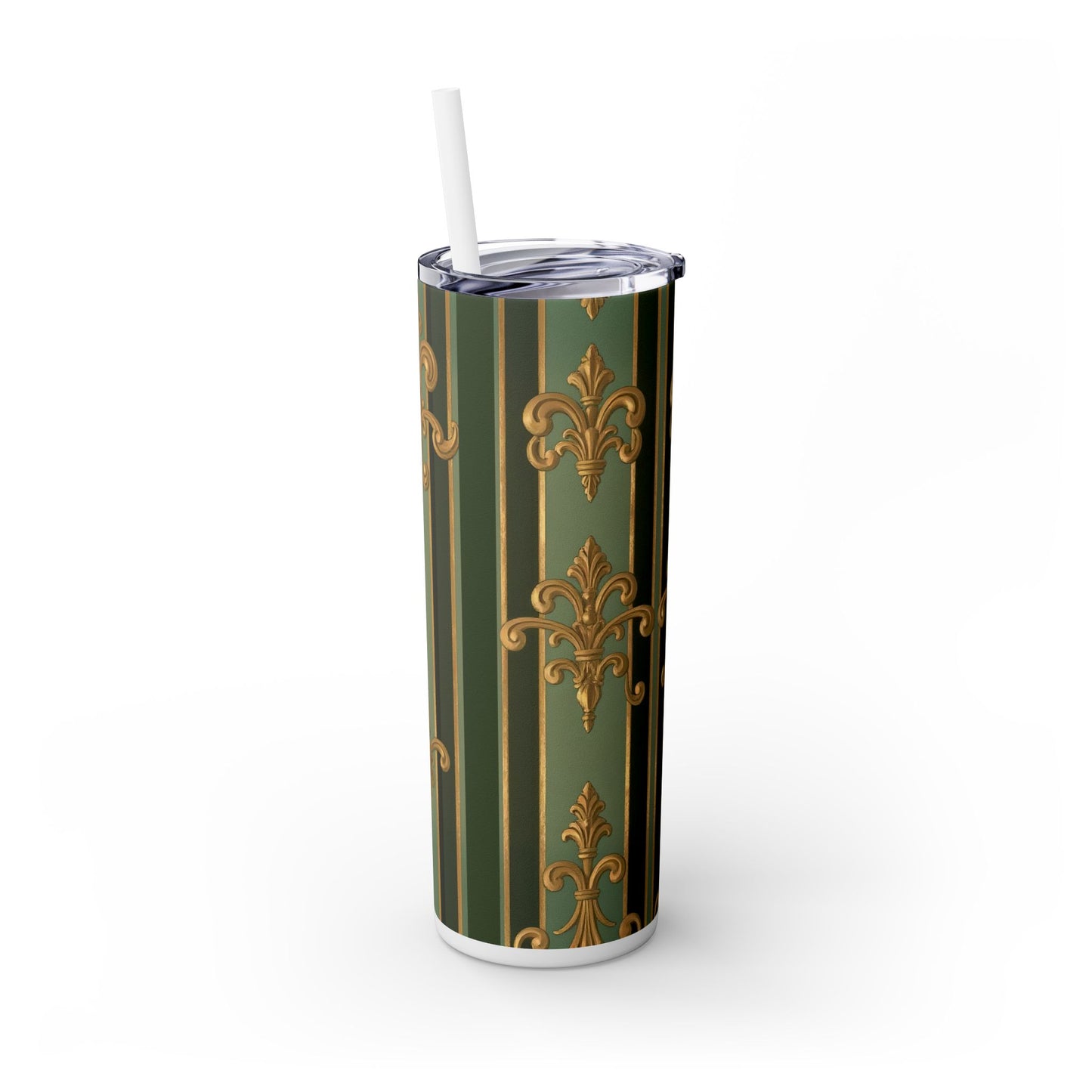 Elegant Green Striped Skinny Tumbler, 20oz Travel Mug, Reusable Cup, Perfect for Gifts, Parties, Home Decor - Green Striped Gold Baroque