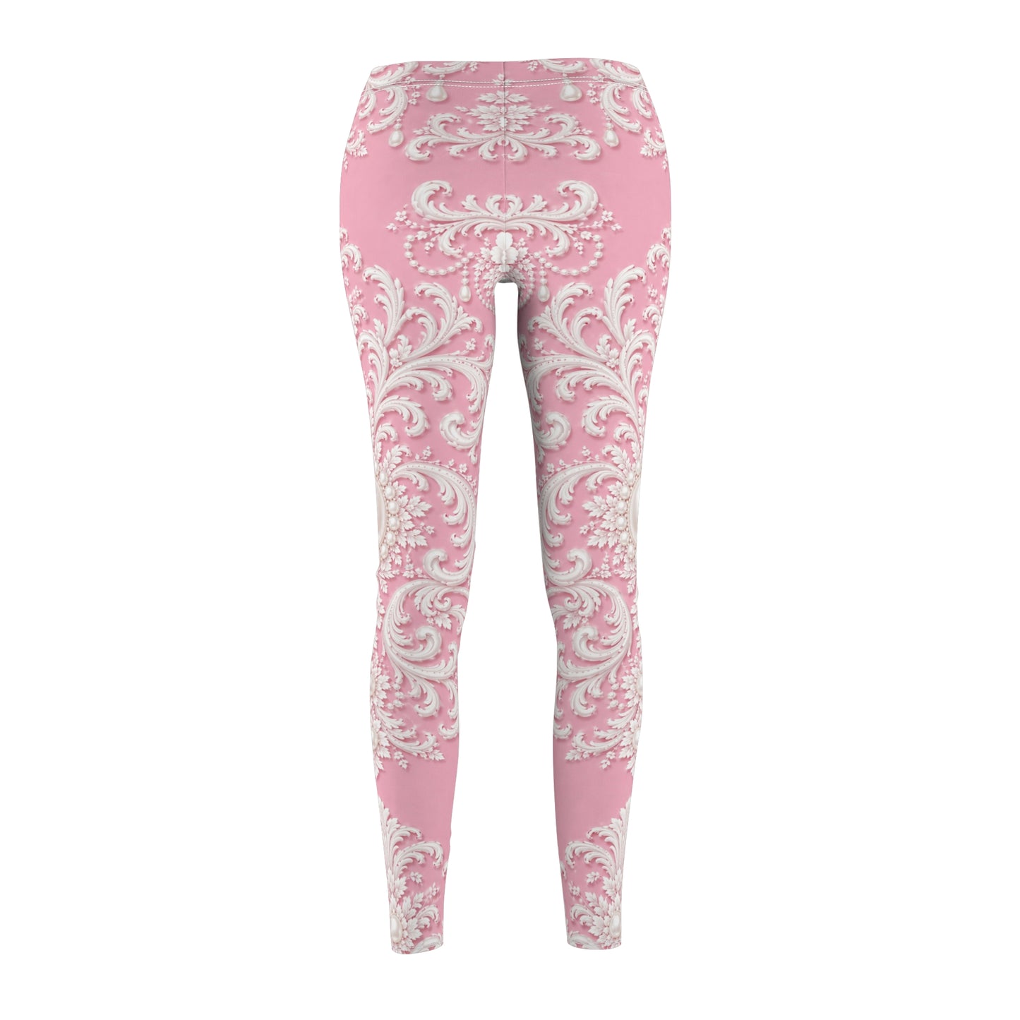 Pink Rococo Print Leggings — Elegant Floral Scroll All-Over Print