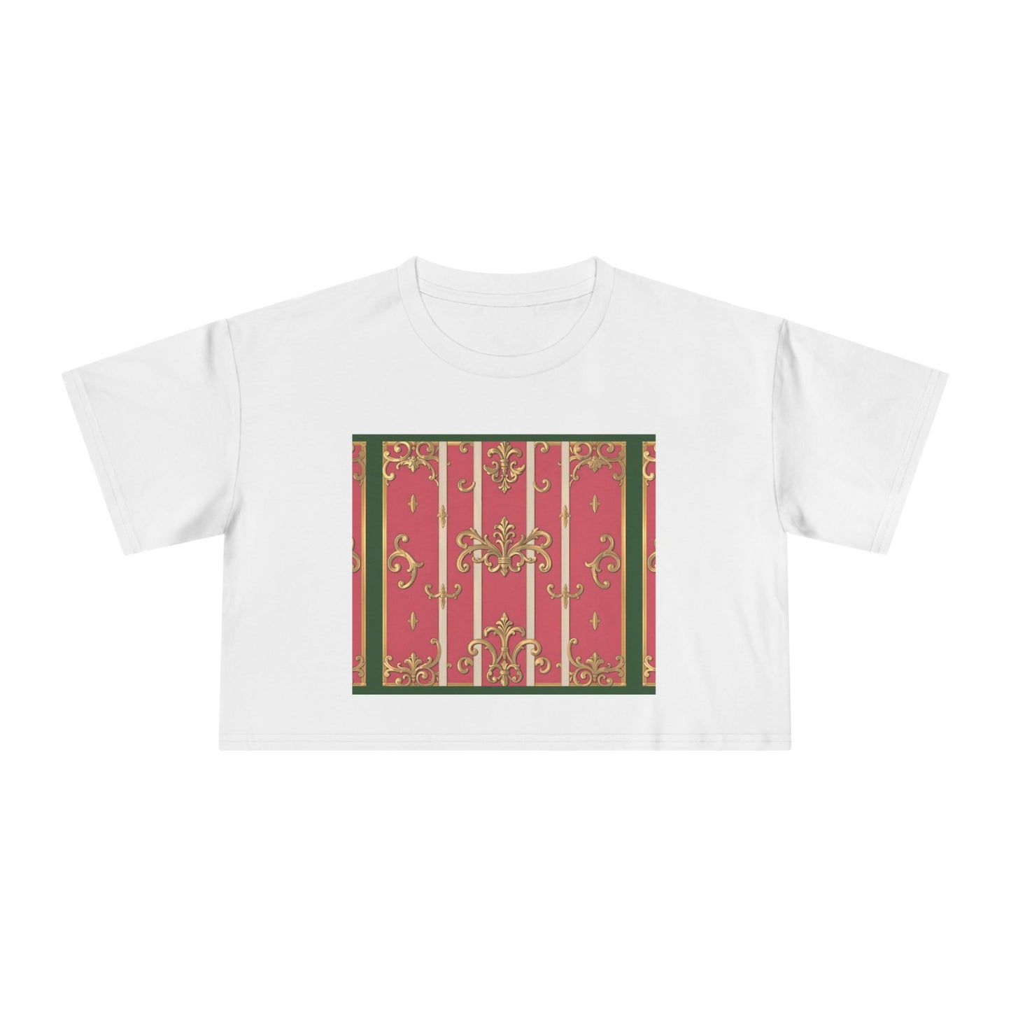 Chic Green Border Pink Striped Baroque Women's Crop Tee - Vintage Style Shirt for Casual Outings, Holidays, Gift Ideas, Spring Fashion, Trendy Top
