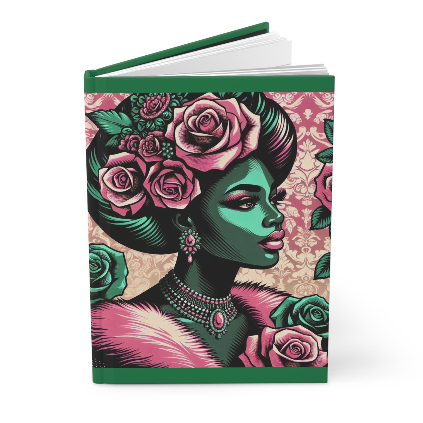 Elegant Floral Hardcover Journal - Stylish Writing Notebook - Emerald Green Lady With Roses & Damask Design